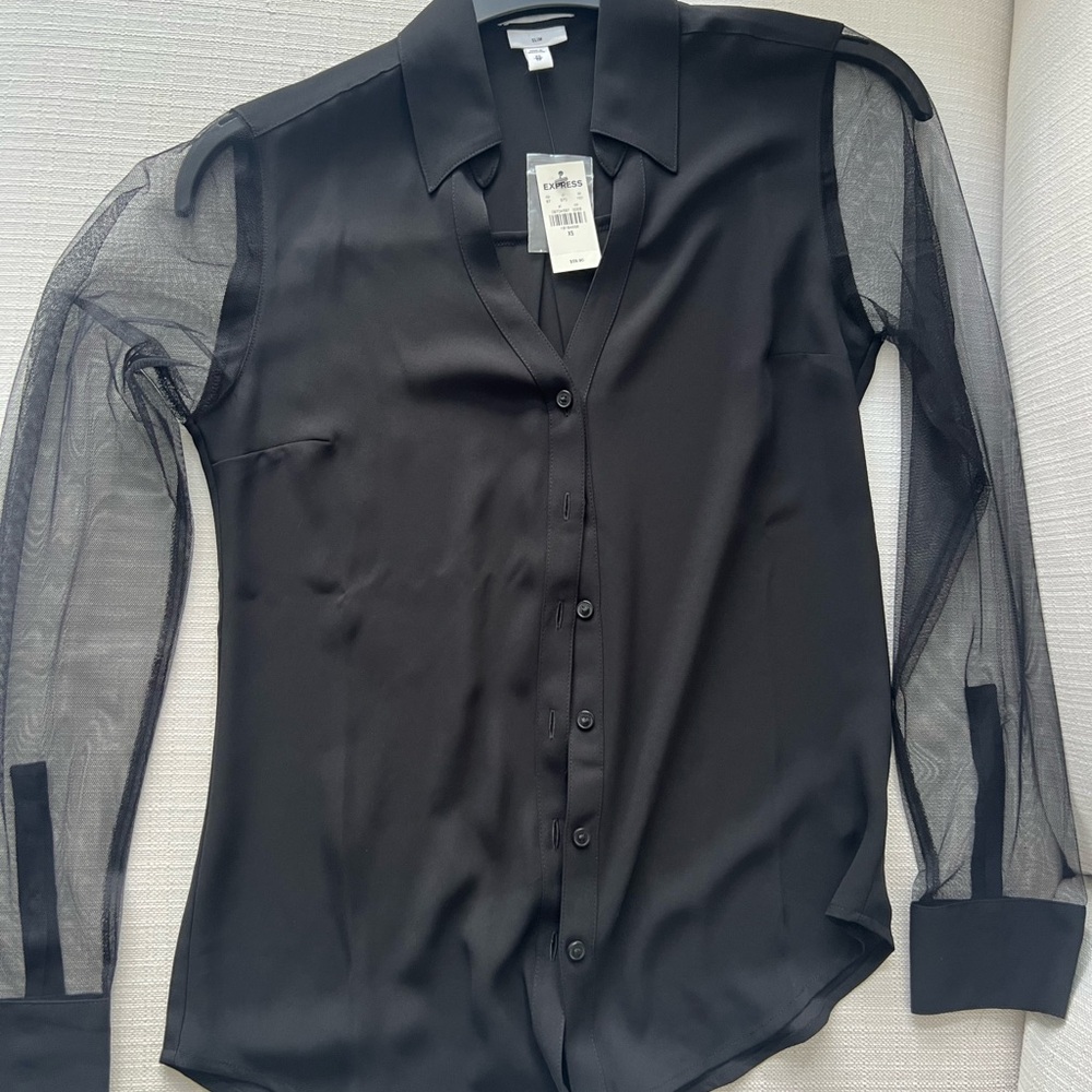 Black Sheer Sleeve Button-Up Blouse